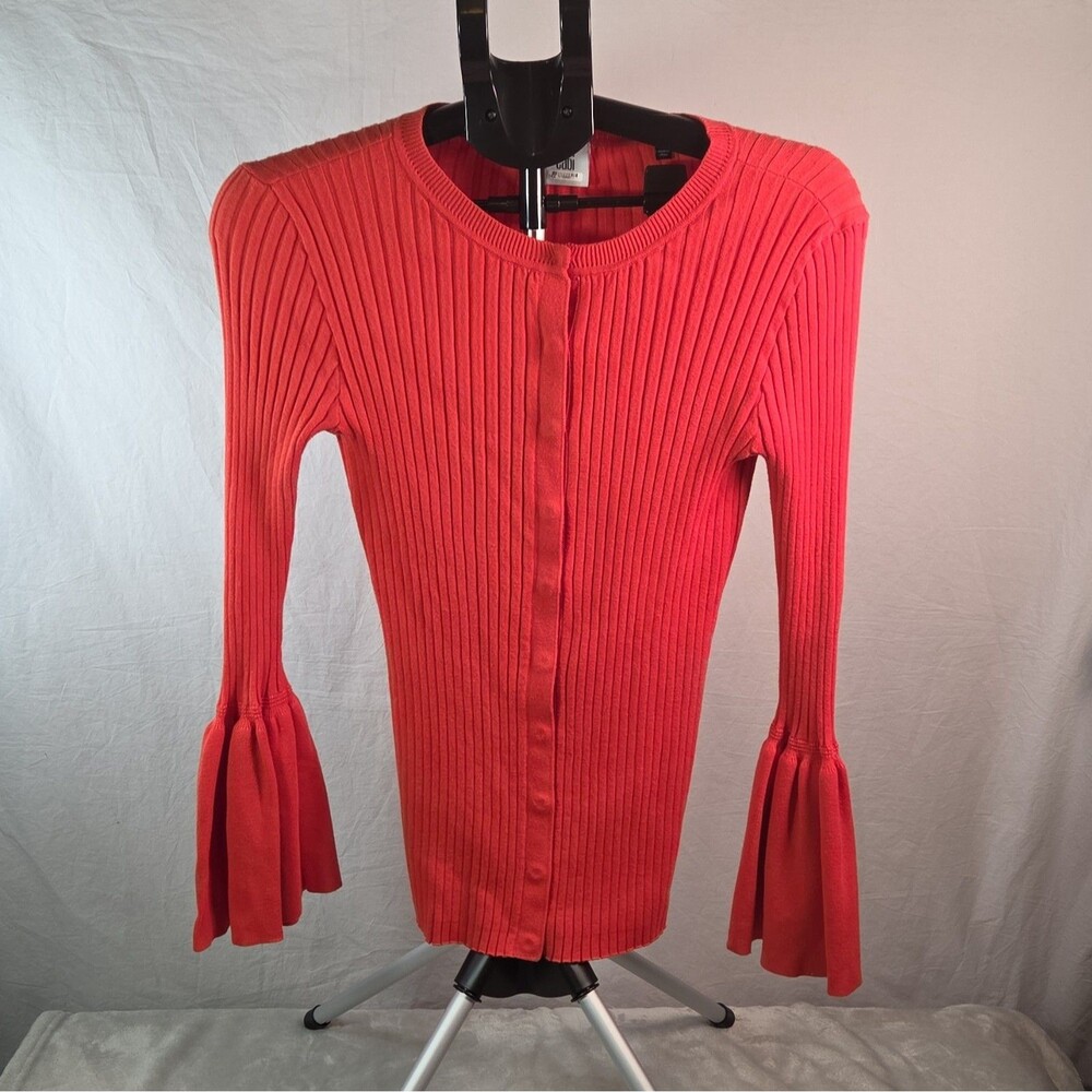 Cabi Cardigan Sweater Women Size S Red Orange Hidden Snap Up Ruffle Sleeves EUC